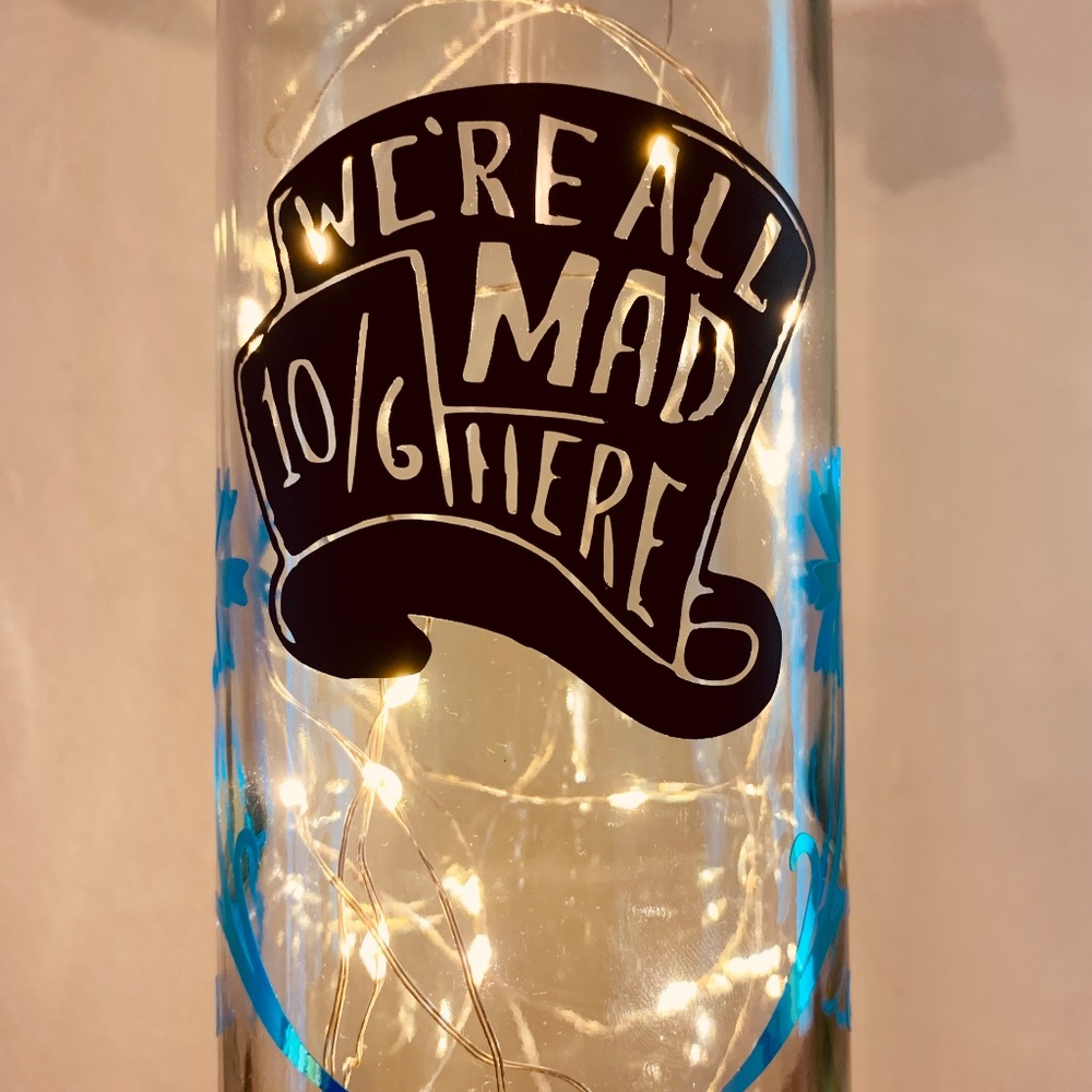 Hand Crafted- ‘We’re All Mad Here’ logo Mad Hat Wine Bottle Lantern
